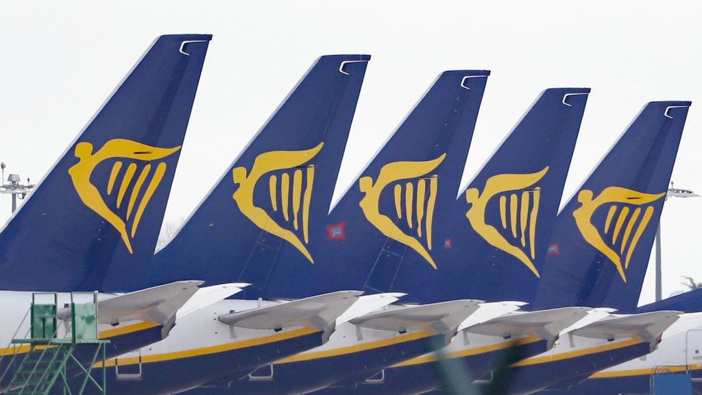 Ryanair planes line a terminal. The airline has reported an 83% drop in festive travellers