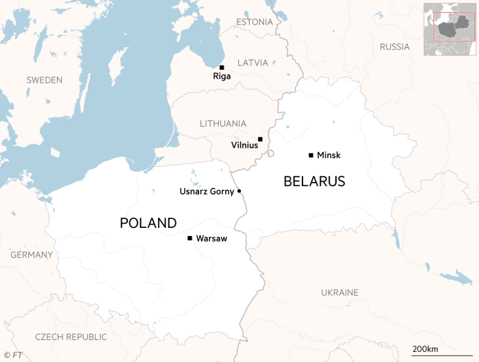 Mapa przedstawiająca granice Polski, Białorusi i krajów Unii Europejskiej