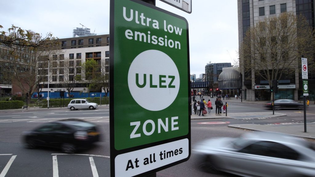Ultra Low Emission Zone signs at Tower Hill in central London