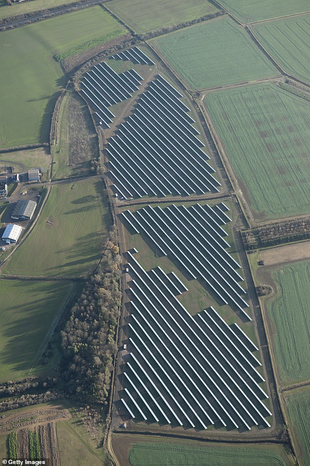 Energia słoneczna i wiatrowa wytwarzają energię elektryczną w mniej przewidywalny sposób niż energia jądrowa i węgiel, więc czasami energia jest marnowana, jeśli nie ma wystarczających dostaw (na zdjęciu: farma słoneczna w Northamptonshire)