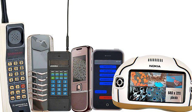 Zrób fortunę: od lewej telefon Motorola 8000x;  vertu inkrustowane diamentami, 20 000 £;  technofon.  Nokia Sapphire iPhone 1 Model;  Nokia 7700, która nigdy nie została sprzedana