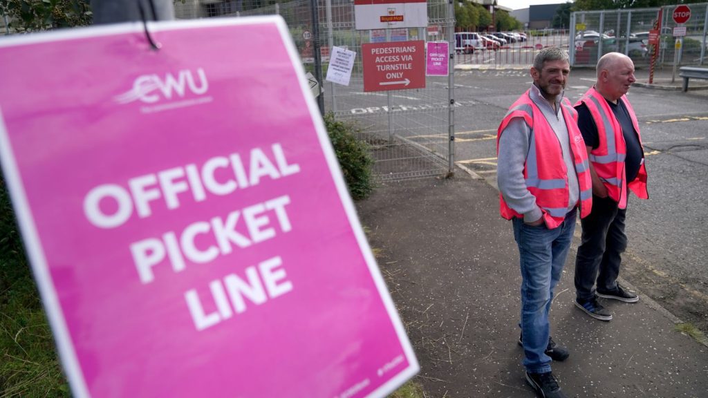 Royal Mail workers from the Communication Workers Union (CWU) on the picket line at the Glasgow Mail Centre in August